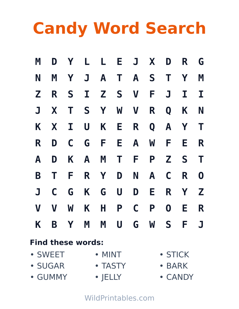 Candy Word Search — free printable word search for kids