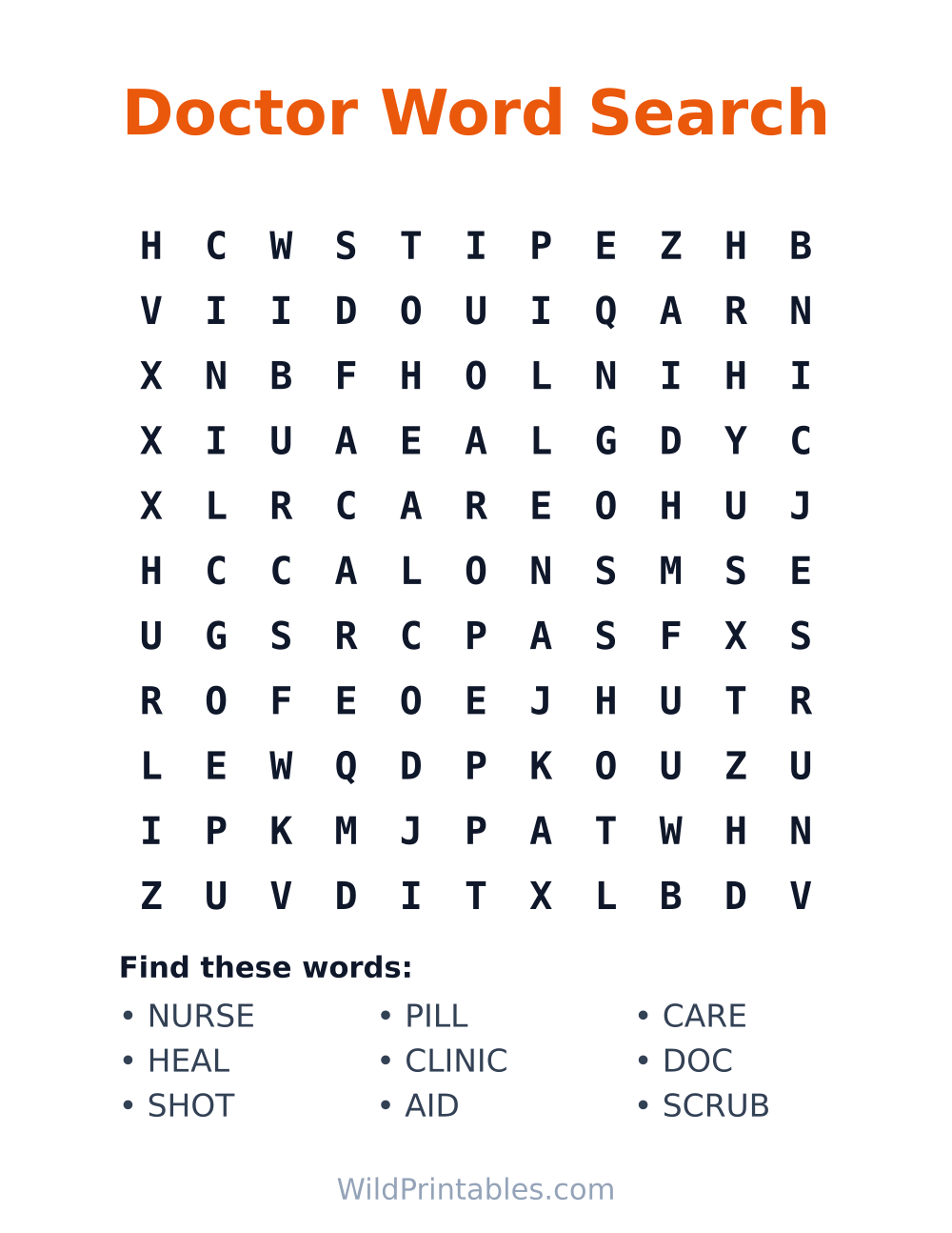 Doctor Word Search — free printable word search for kids
