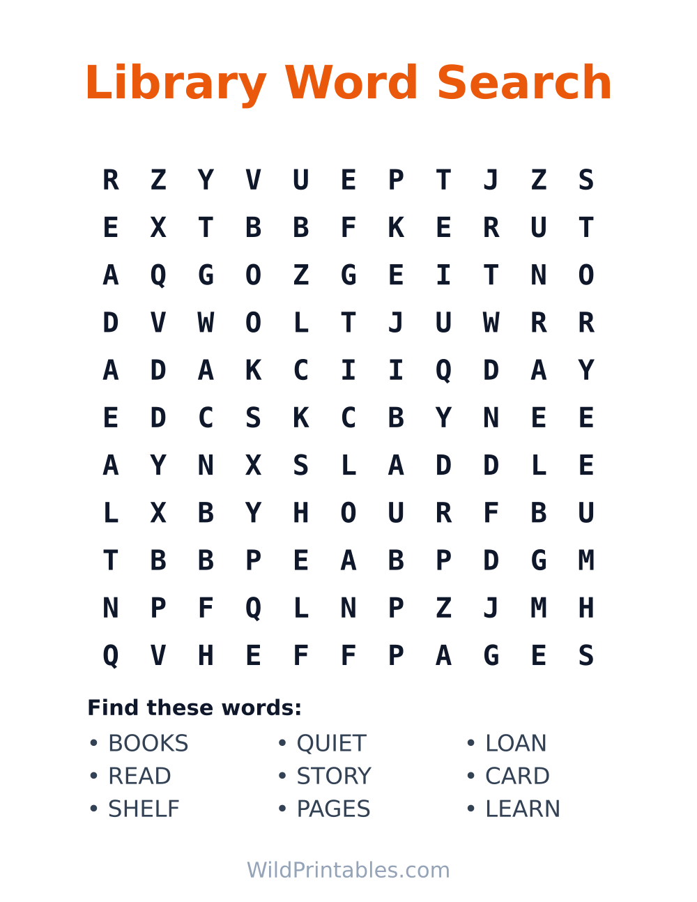 Library Word Search — free printable word search for kids