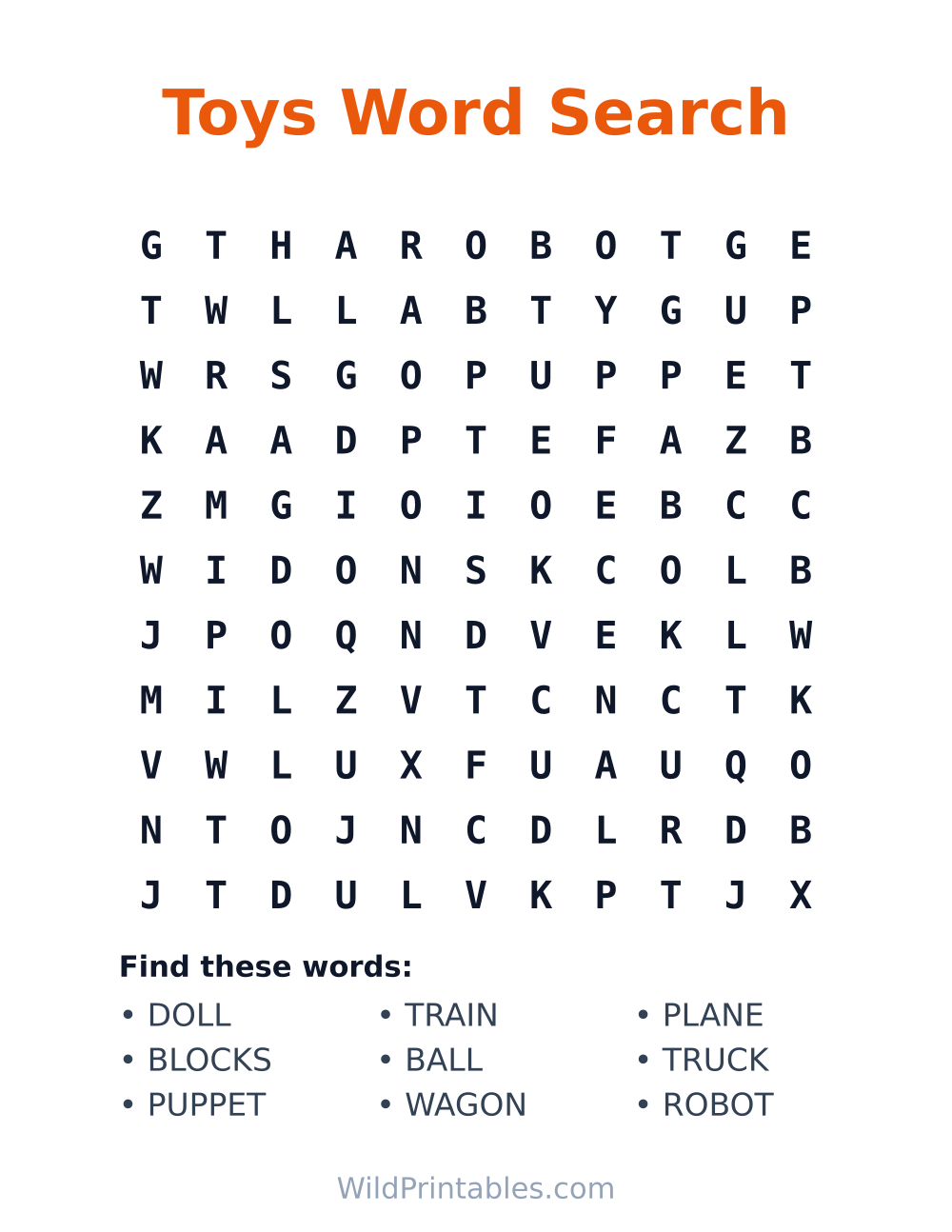 Toys Word Search — free printable word search for kids
