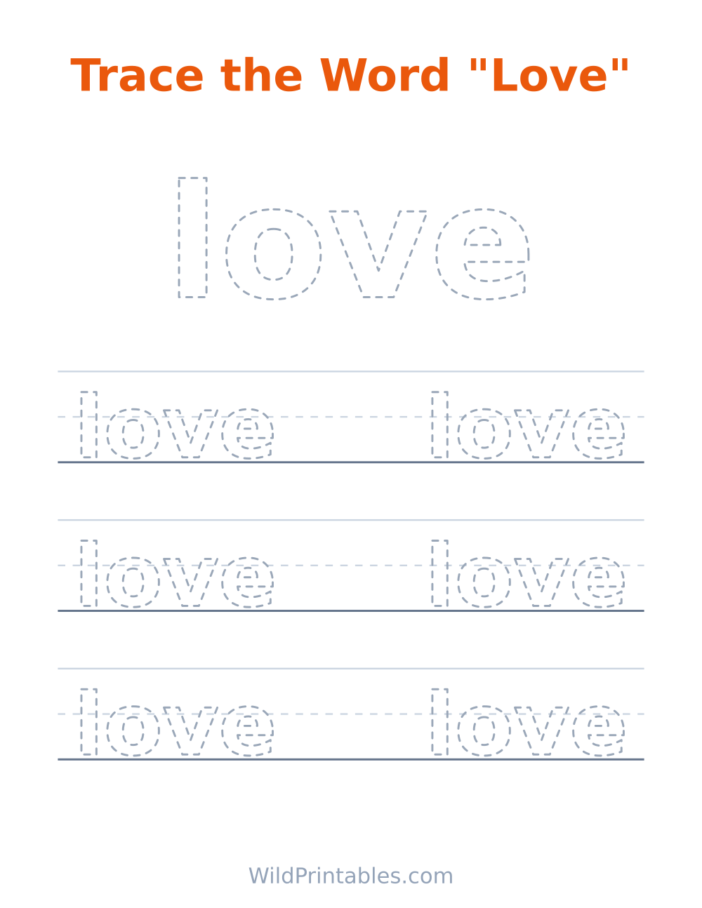 Trace the Word "Love" — free printable tracing for kids
