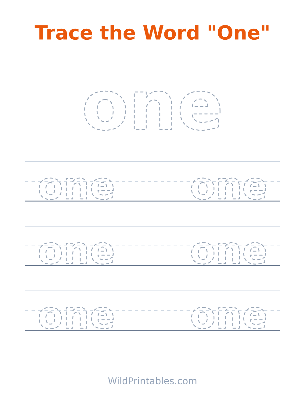 Trace the Word "One" — free printable tracing for kids