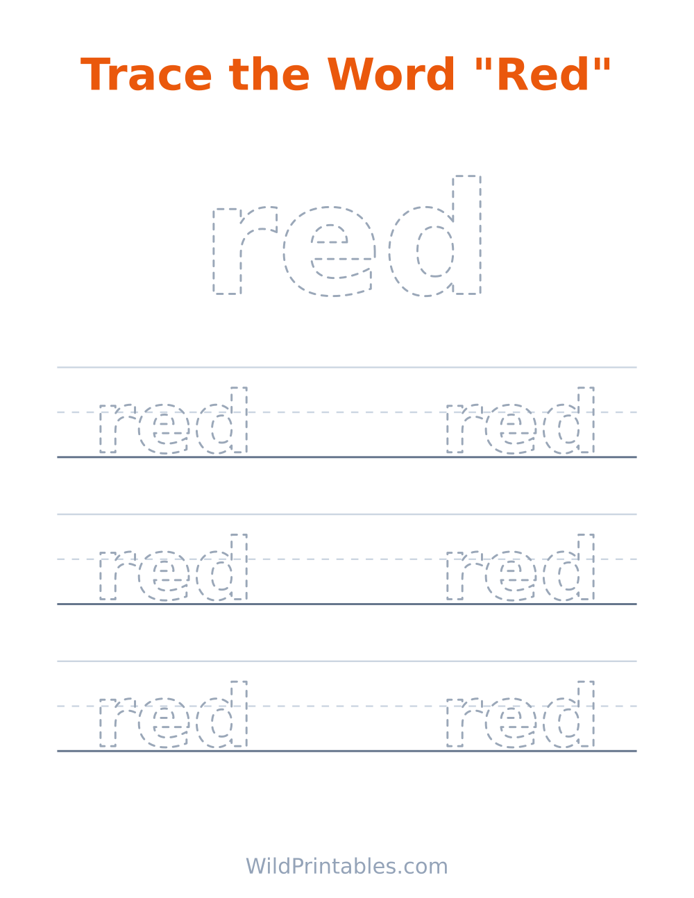 Trace the Word "Red" — free printable tracing for kids