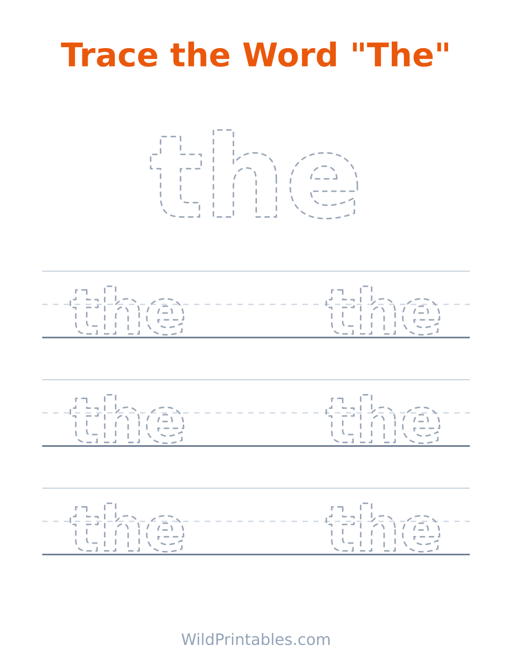 Trace the Word "The" — free printable tracing for kids