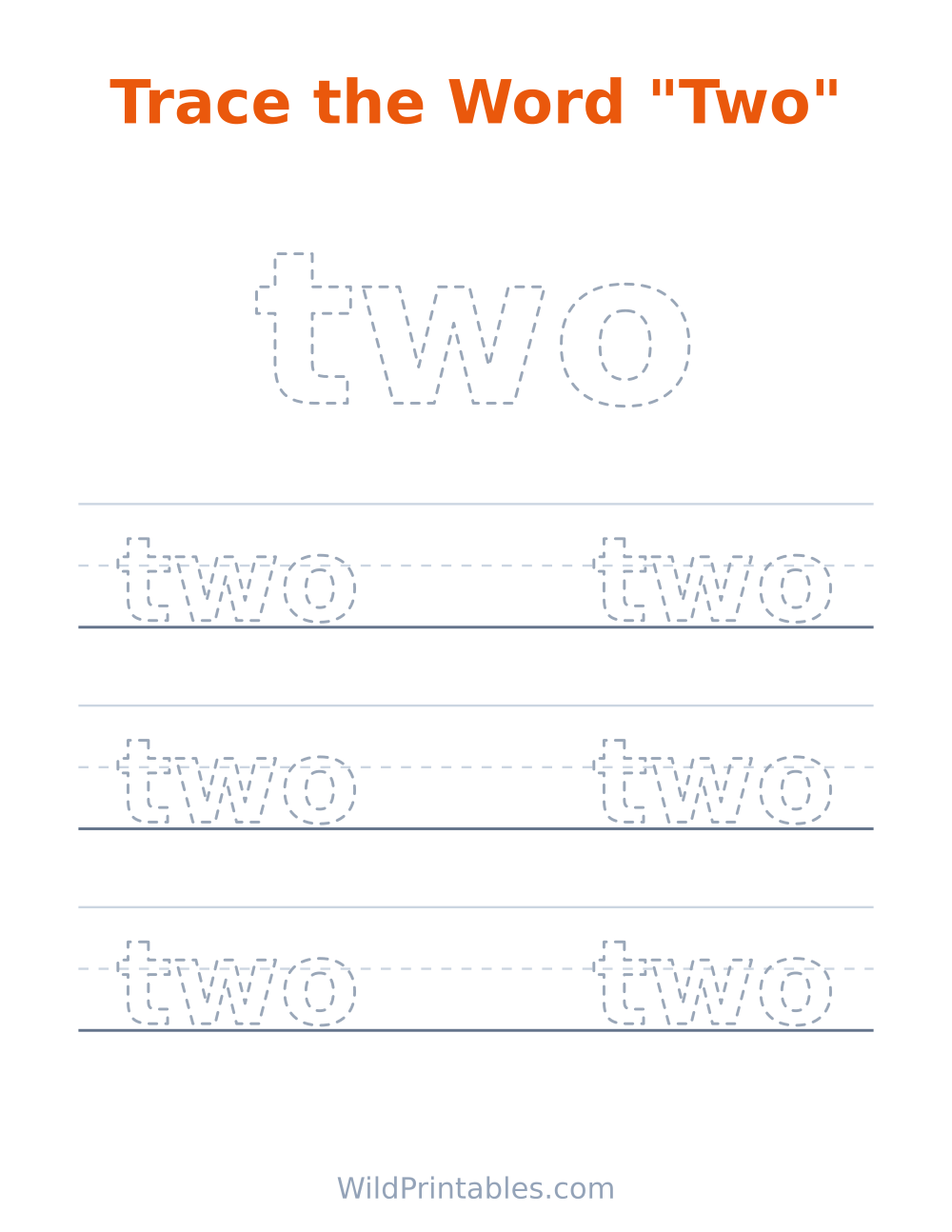 Trace the Word "Two" — free printable tracing for kids